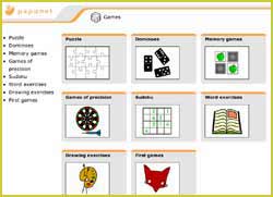 papunet-Fenster mit Auswahl an Spielen